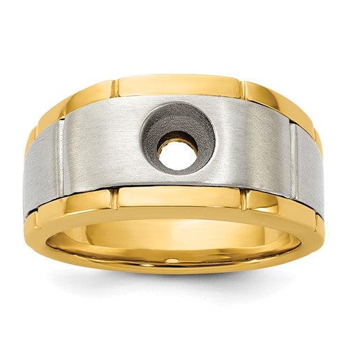 14k gold men's polished satin and grooved ring mounting by Solomon Jewelers, showcasing detailed craftsmanship and elegant design