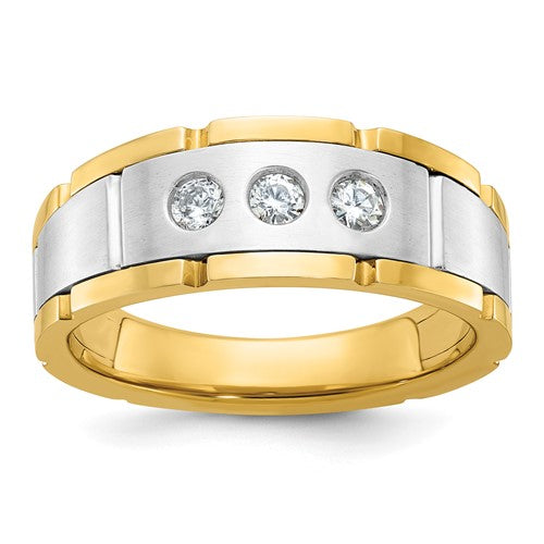 14k yellow gold men's polished and satin 3-stone AA diamond ring featuring elegant craftsmanship and sparkling diamonds.