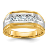 Men's 14k gold satin and grooved 5-stone diamond ring by Solomon Jewelers, showcasing polished finish and sparkling diamonds.