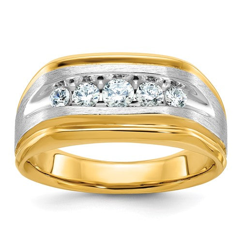 Men's 14k gold satin and grooved 5-stone diamond ring by Solomon Jewelers, showcasing polished finish and sparkling diamonds.