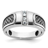 14k white gold men's ring with black rhodium and diamond accents, designed by Solomon Jewelers, shown in close-up.