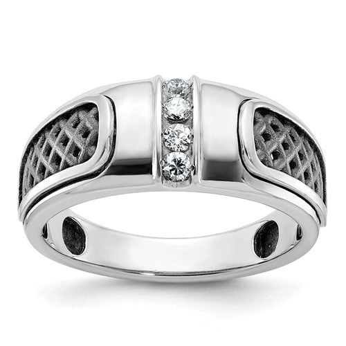 14k white gold men's ring with black rhodium and diamond accents, designed by Solomon Jewelers, shown in close-up.