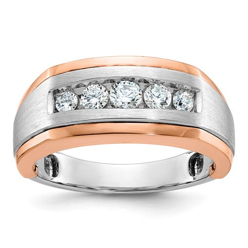 14k white and rose gold men's satin 5-stone diamond ring with elegant design, showcasing sparkling diamonds and polished finish.