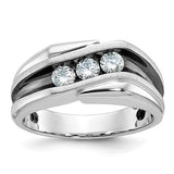 Black satin and polished men's grooved 3-stone diamond ring by Goodman, featuring 14k white gold from Solomon Jewelers.