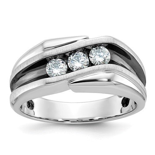 Black satin and polished men's grooved 3-stone diamond ring by Goodman, featuring 14k white gold from Solomon Jewelers.