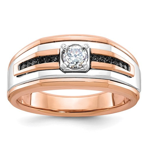 14k two-tone white and rose gold men's diamond ring with black and white accents, showcasing a stylish jewelry design.