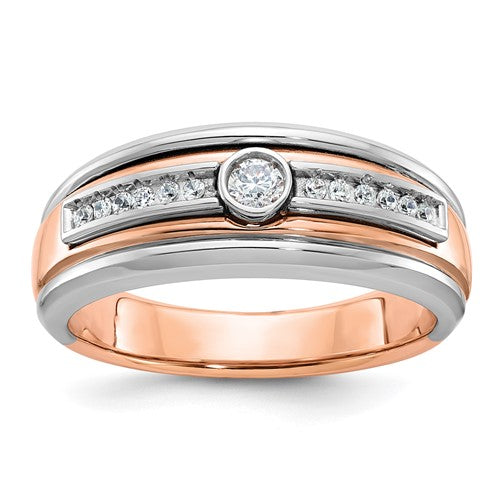 14k two-tone white and rose gold men's diamond ring by Solomon Jewelers, featuring a sleek band design and sparkling diamonds.