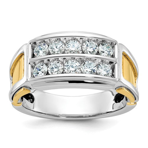 14k two-tone men's diamond ring with polished and cut-out design, featuring two rows of diamonds from Solomon Jewelers.