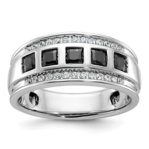Black and white diamond men's grooved square ring by Goodman, showcasing a sleek jewelry design with contrasting stones.