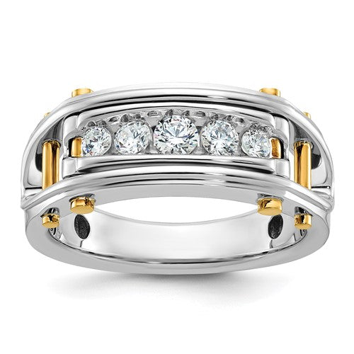 14k gold men's diamond ring with polished grooved cut-outs and five-stone diamond design from Solomon Jewelers.