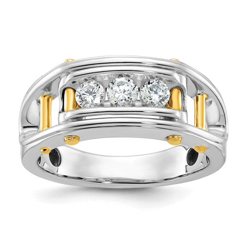 14k gold men's polished grooved cut-out 3-stone diamond ring with intricate design, jewelry by Solomon Jewelers.