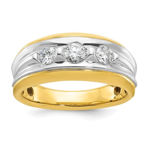 14k yellow gold men's diamond ring with polished and grooved three-stone design by Solomon Jewelers