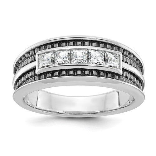Black textured square men's ring with five-stone diamond accents, Solomon Jewelers 14kw W/ jewelry by Goodman.