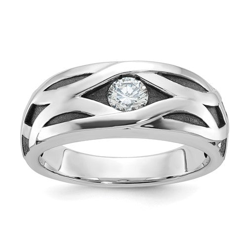 Solomon Jewelers 14kw black rhodium diamond ring with polished satin finish and grooved design in jewelry ring image.