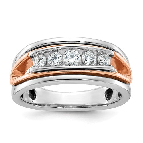 14k white and rose gold men's polished 5-stone diamond ring with a sleek design, showcasing elegant jewelry craftsmanship.