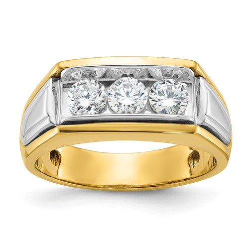 14k gold men's polished and grooved 3-stone diamond ring with a sleek design, featuring sparkling diamonds and detailed craftsmanship.