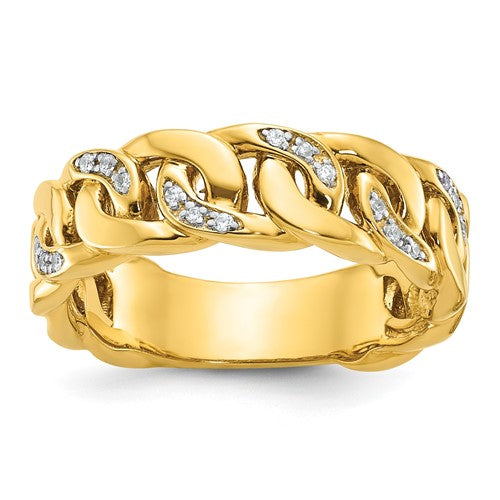 14k gold men's Cuban link design diamond ring, jewelry by Solomon Jewelers, featuring a stylish and detailed band.