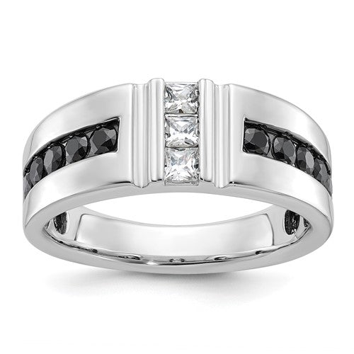 14k white gold men's diamond ring with black and white diamonds, featuring a sleek and modern jewelry design.