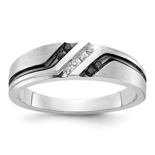 Black and white satin grooved men's diamond ring by Solomon Jewelers, 14k gold with black rhodium finish.