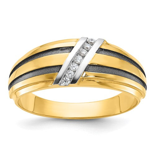 14k white and black gold men's satin grooved diamond ring with diamond accents from Solomon Jewelers.