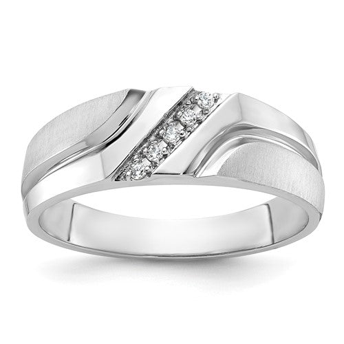 Solomon Jewelers 14kw IBGoodman men's polished satin and grooved 5-stone diamond ring, showcasing detailed jewelry design.