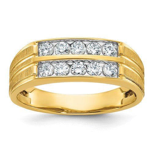 14k gold men's diamond ring with polished satin finish and grooved two-row design, from Solomon Jewelers.