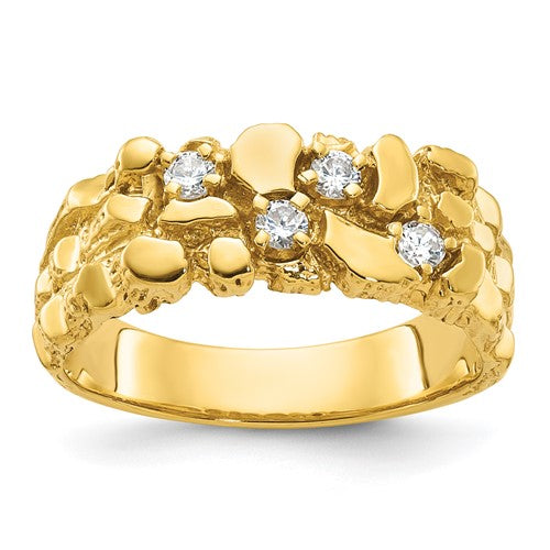 14k gold men's diamond ring with polished and textured nugget design, featuring sparkling diamonds, from Solomon Jewelers.