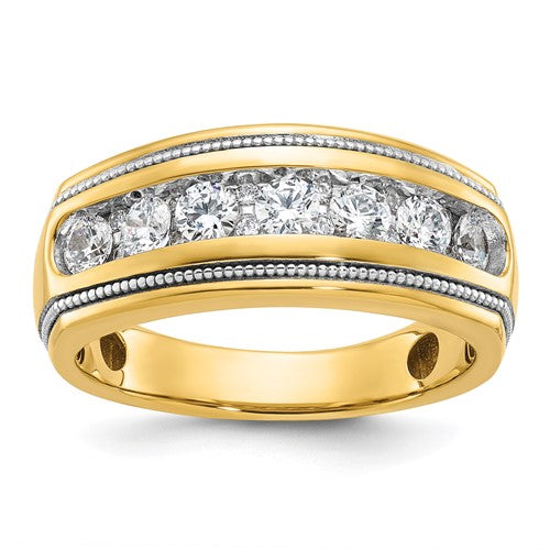 14k white gold men's diamond ring with polished and milgrain detailing, featuring a Solomon Jewelers logo on the band.