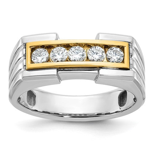 14k gold men's diamond ring with polished and grooved band featuring five sparkling diamonds, crafted by Solomon Jewelers.