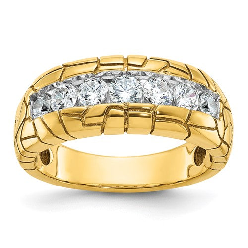 14k gold men's diamond ring with polished and nugget texture featuring seven sparkling diamonds, jewelry ring from Solomon Jewelers.