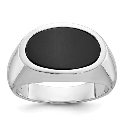 14k white gold men's oval onyx ring with east-west design from Solomon Jewelers, showcasing a sleek and polished jewelry piece.