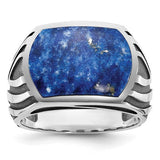 14k white gold men's ring with black rhodium and lapis lazuli gemstone, featuring a detailed band design.