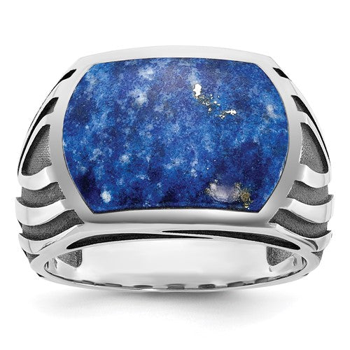 14k white gold men's ring with black rhodium and lapis lazuli gemstone, featuring a detailed band design.