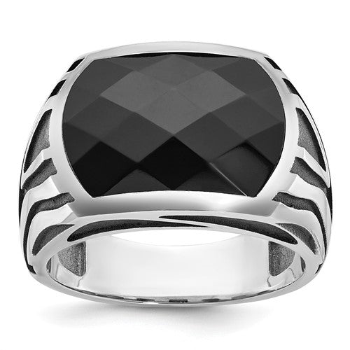 14k white gold men's ring with black rhodium onyx and detailed design, showcasing Solomon Jewelers jewelry craftsmanship.
