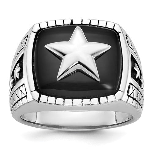 14k white gold men's antiqued onyx star ring showcasing a detailed onyx gemstone and star design in jewelry ring style.