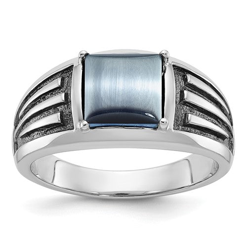 14k white gold men's ring featuring a black rhodium-coated gray cat's eye gemstone from Solomon Jewelers.