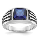 14k white gold men's ring with black rhodium and created sapphire, featuring a sleek, modern design from Solomon Jewelers.