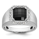 14k white gold men's ring with black onyx and diamond accents, featuring a sleek, polished design from Solomon Jewelers.