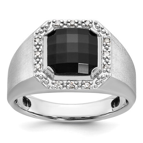14k white gold men's ring with black onyx and diamond accents, featuring a sleek, polished design from Solomon Jewelers.