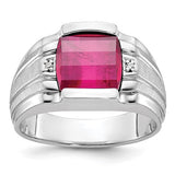 14k white gold satin finish ring with ruby and diamond accents, elegant jewelry piece from Solomon Jewelers.