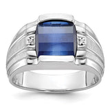 14k white gold satin finish ring with a central sapphire and diamond accents, jewelry ring from Solomon Jewelers.