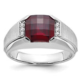 14k white gold men's ring with created garnet and diamond accents, featuring a polished band and detailed craftsmanship.