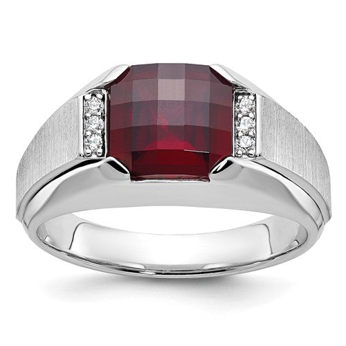 14k white gold men's ring with created garnet and diamond accents, featuring a polished band and detailed craftsmanship.