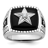14k white gold men's ring featuring antiqued onyx and diamond accents, crafted by Solomon Jewelers.