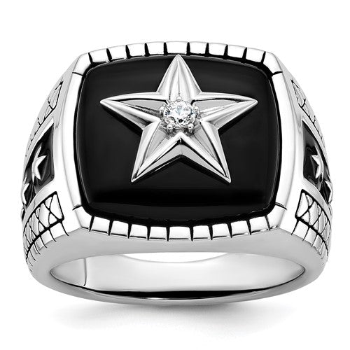 14k white gold men's ring featuring antiqued onyx and diamond accents, crafted by Solomon Jewelers.