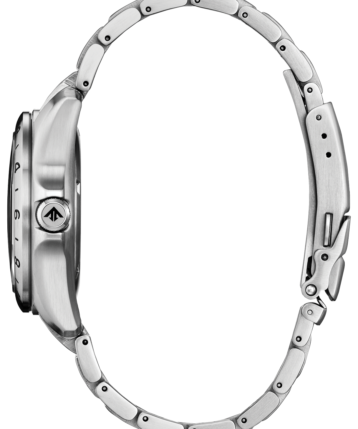 Close-up of a silver watch with a detailed band on a white background