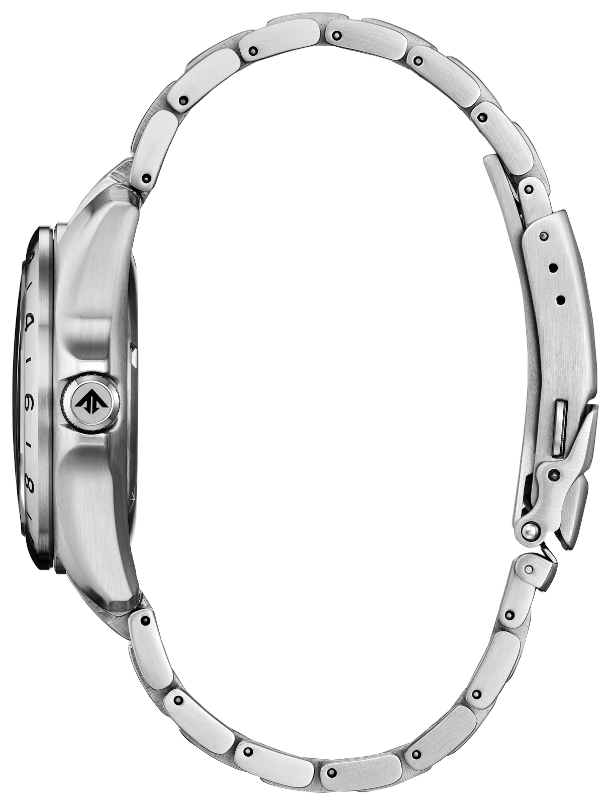 Close-up of a silver watch with a detailed band on a white background