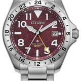 Silver Citizen watch with a red face on a white background