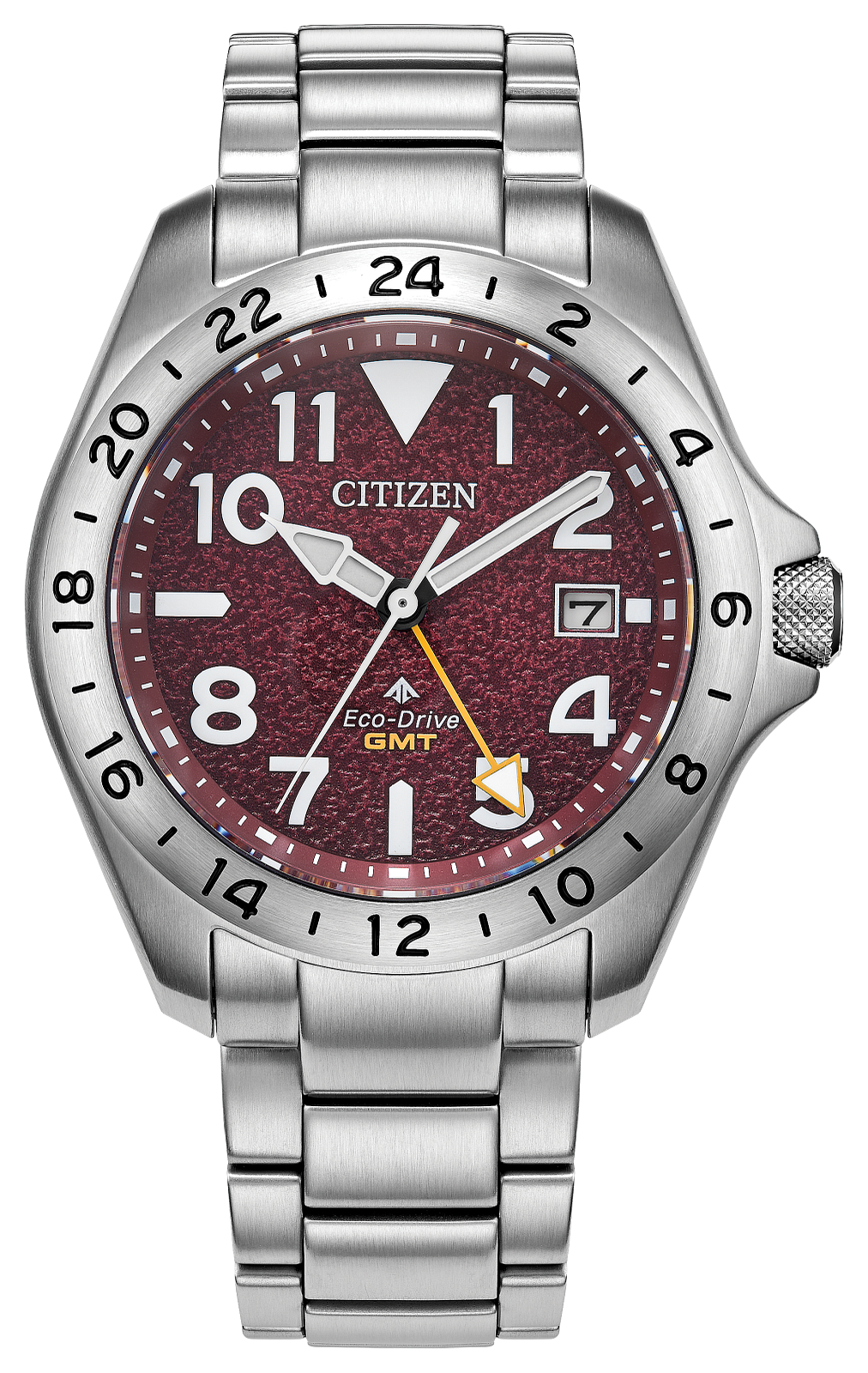 Silver Citizen watch with a red face on a white background