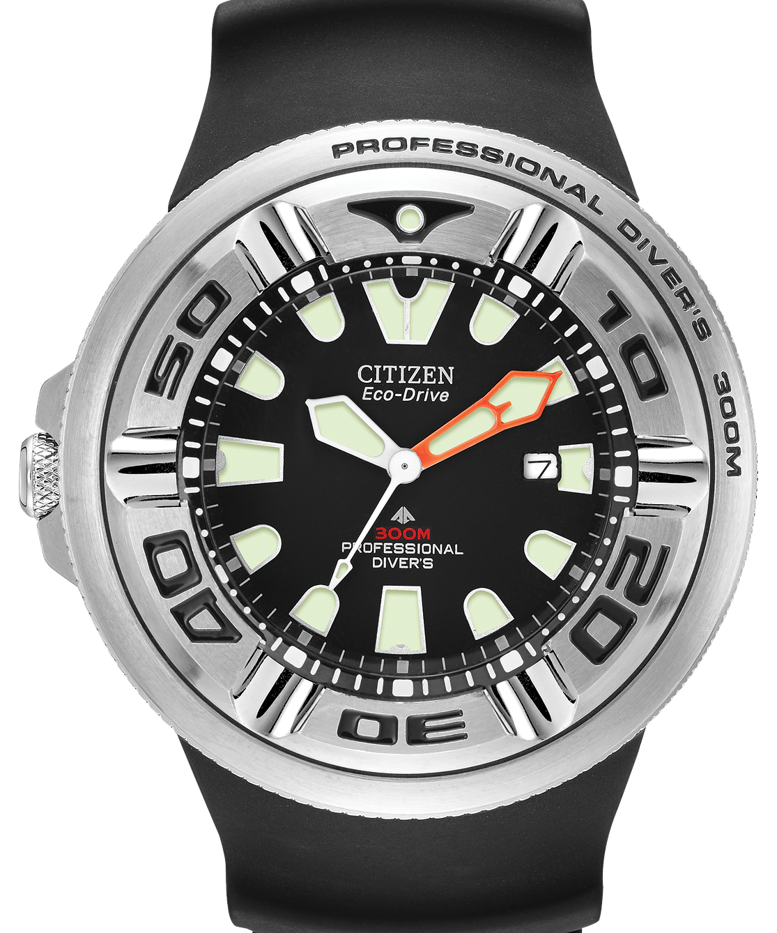 Citizen Eco-Drive Professional Diver 300m watch with a black strap, black dial, silver-tone bezel, and luminous green and orange details.